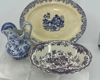 Vintage Blue White Pitcher Bristol Transferware Serving Pieces 3 Pc