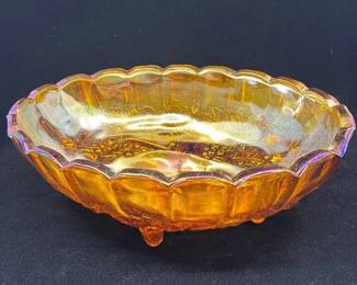 Vintage Indiana Glass Co. Amber Iridescent Carnival Glass Footed Oval Bowl And Lidded Compote