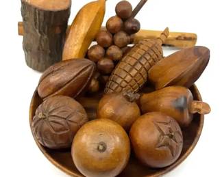 Vintage Carved Wooden FruitVegetable Bowl and Mallet