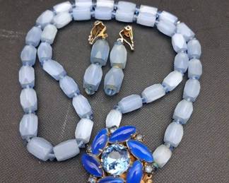 Vintage Blue Rhinestone Clasp Chunky Beaded Necklace And Earrings