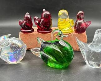 Vintage Murano Style Green Duck, Hand Blown Glass Bunny, Colored And Glass Figurinespaper Weights