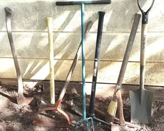 Assorted Garden Landscaping Hand Tools Shovel, Mattock, Cultivator Rakes 8 Pc