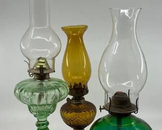 Vintage Cock Brand Amber Kerosene Lamp And Blue Kerosene Lamp 3pc Set