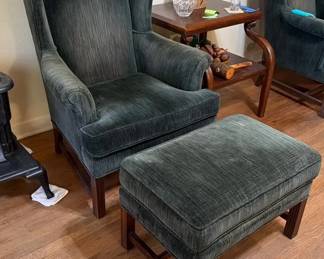 Vintage Green Velvet Wingback Chair with Matching Ottoman