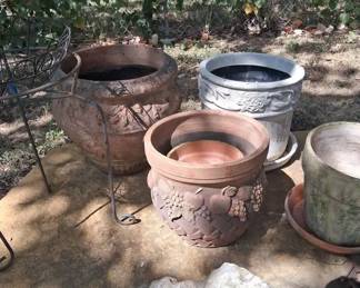 Terracotta Pots Assorted Sizes, Hanging Basket, And Iron Plant Stand