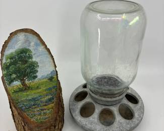 Vintage Galvanized Chick Feeder And Hand Painted Wood Slice