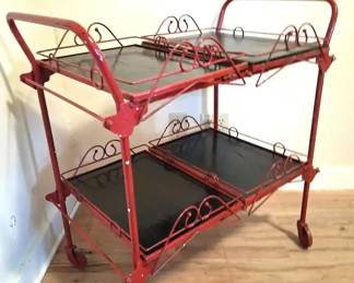 Vintage Red Metal Rolling Tea Cart Bar Cart with Removable Trays