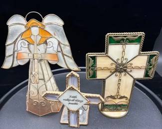 Capiz Shell Angel Stained Glass Cross Figurines 4 Pc