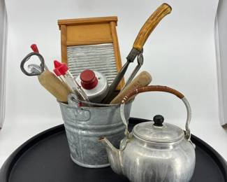 Vintage MidCentury, Aluminum, Miniature, Teapot, And Kitchen Gadgets