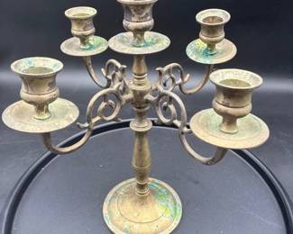 Vintage MidCentury Five Light Cast Brass Candle Librum With Decorative Scroll Arms