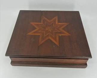 AntiqueVintage Inlaid Wood Keepsake Box with Starburst Design Mirror