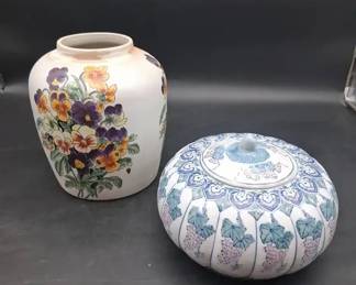 Vintage Chinoiserie porcelain pumpkinshaped lidded jar And Porcelain Flower Vase