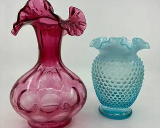 Vintage Fenton Cranberry Art Glass Fenton Blue Opalescent Hobnail DoubleCrimped Vace 2pc Set