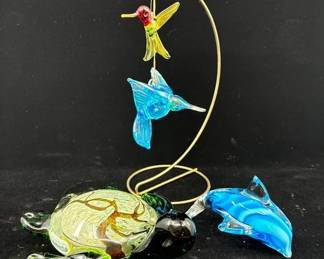HandBlown Art Glass Turtle, Dolphin Hummingbird Figurines 3 Pc Collection