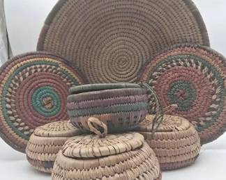 South Western Handwoven Coil Basket Collection Lidded Baskets, Trays Wall Baskets