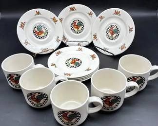Vintage Farmhouse Style Rooster Cups Saucers 12 Pc