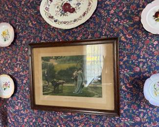 antique print and floral plates