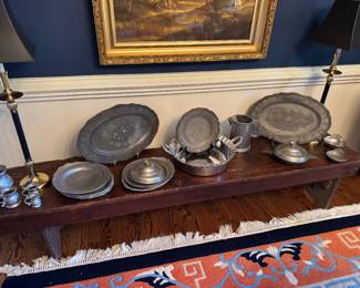 vintage pewter on an antique bench