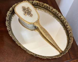 Vintage Hollywood Regency Gold metal vanity hairbrush and Tray Set