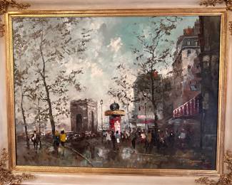 Oil painting depicting a parisian street scene with the arc de Triomphe