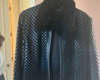 St. John black woven leather jacket with fur collar