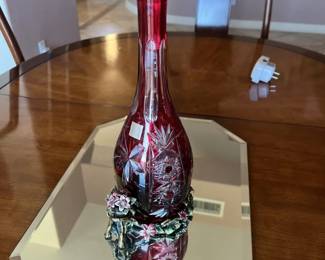 Vintage cranberry red cut to clear crystal decanter with floral base