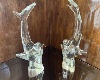 Pair of vintage Kristaluxus solid lead crystal shark sculptures