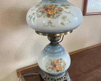 Vintage blue tint hurricane parlor lamp with hand-painted floral motifs
