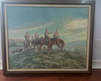 Vintage framed western oil painting by Mike Carroll cowboys on horses