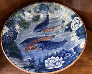 Vintage Japanese Sun ceramics Koi fish and lotus porcelain charger