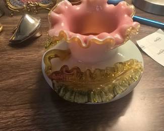 Antique Victorian Cased Art Glass  Vase - Pink/White with Applied Amber Glass - c. 1880 - 1890