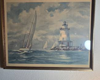 Y. E. Soberberg "Sailing to the Lighthouse" Vintage Nautical Art.