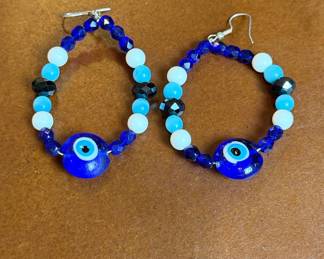 Blue Evil Eye Beaded Hoop Earrings