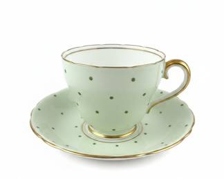 Adderley Fine Bone China Tea Cup and Saucer Set in Pale Mint Green with Dark Green Polka Dots