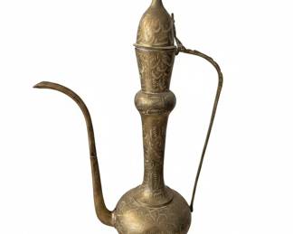 Large Vintage Hand-Engraved Brass Pitcher / Aftaba