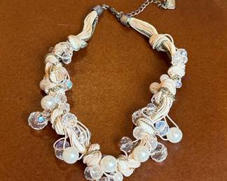 Multi-strand Beaded Cord Necklace with Faux Pearls and Crystals