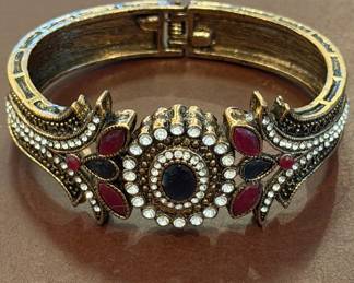 Vintage Turkish-Style Hinged Bangle Bracelet with Ruby and Black Cabochons