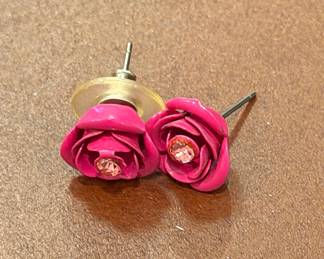 Hot Pink Enamel Rose Stud Earrings with Crystal Center