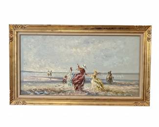 Large Vintage Impasto Oil Painting – Impressionist Beach Scene