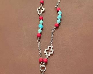 Southwestern Style Turquoise and Red Beaded Cross Necklace