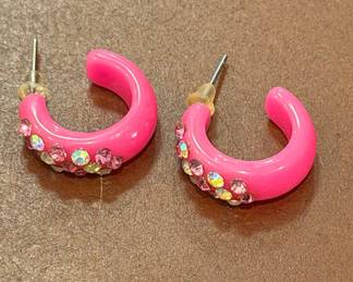 Hot Pink Rhinestone Accent Hoop Earrings