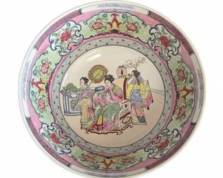 Chinese Rose Medallion Porcelain Punch Bowl with Court Scene