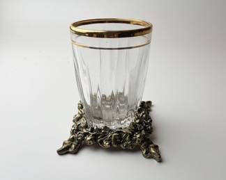 Fostoria Glass Company "Mementos" Pattern Crystal Tumbler in Ornate Metal Base