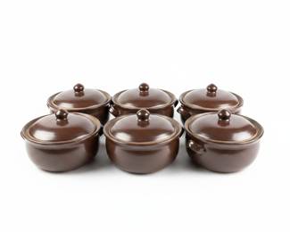 Set of Six Vintage Brown Stoneware Bean Pots with Lids