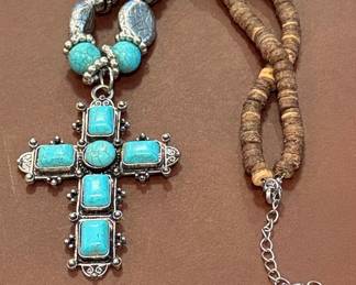 Southwestern Style Turquoise and Wood Bead Cross Pendant Necklace