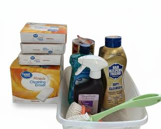 Assorted Household Cleaning Supplies Lot with Storage Bin