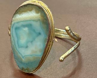 Banded Agate Cabochon Bypass Ring, Gold Plated Brass