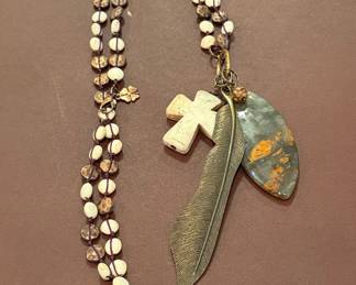 Bohemian Style Multi-Charm Layered Necklace with Stone Cross, Feather, and Jasper Pendant