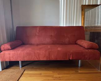 Modern Rust Microfiber Convertible Futon Sofa with Bolster Pillows