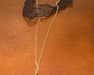 Black Lace Choker with Gold-Tone Bar Pendant Necklace